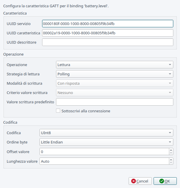 Configurazione di una caratteristica BLE GATT