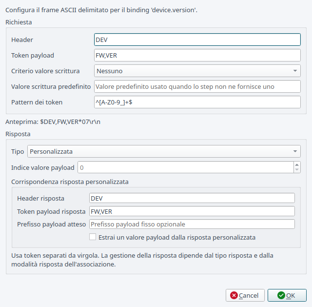 Configurazione del target Delimited ASCII Frame